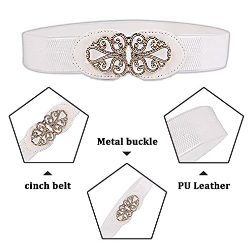 SYGA Women's Leather Belt, PU Leather Stretchy Waist Belt with Floral Metal Buckle, Retro Style - White