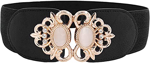 SYGA Women Cinch Belt, PU Leather Stretchy Waist Belt with Pearl Studded Metal Buckle, Retro Style - Black