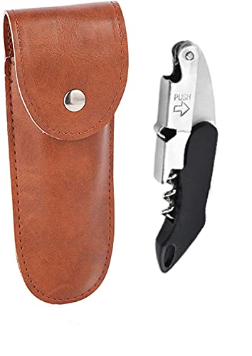 SYGA 3 in 1 Corkscrew Beer Wine Bottle Opener with Leather Cover Spring-Loaded Double Lever, Serrated Foil Cutter Barware Gear Waiter's Corkscrew of Sommeliers, Waiters, Bartenders Gift- Black