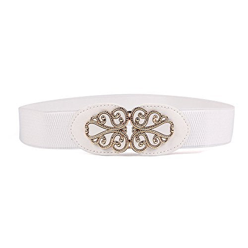 SYGA Women's Leather Belt, PU Leather Stretchy Waist Belt with Floral Metal Buckle, Retro Style - White