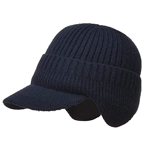 SYGA Mens Wool Winter Beanie Earflaps Baseball Cap with Warmer Outdoor Fleece Hat with Visor- Navy