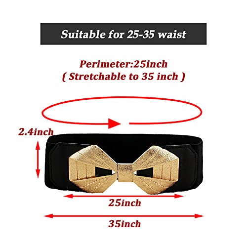 SYGA Women Cinch Belt, PU Leather Stretchy Waist Belt with Bowtie Ribbon Metal Buckle, Retro Style - Black