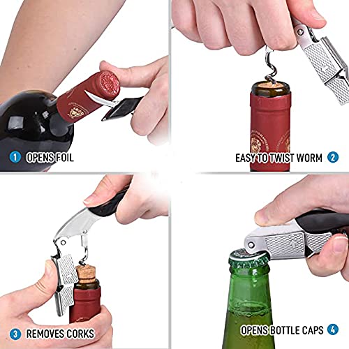 SYGA 3 in 1 Corkscrew Beer Wine Bottle Opener with Leather Cover Spring-Loaded Double Lever, Serrated Foil Cutter Barware Gear Waiter's Corkscrew of Sommeliers, Waiters, Bartenders Gift- Black