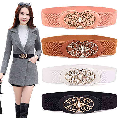 SYGA Women's Leather Belt, PU Leather Stretchy Waist Belt with Floral Metal Buckle, Retro Style - White