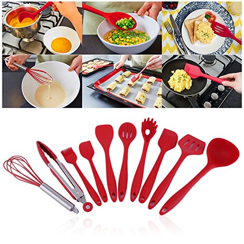  Set of 10 Pieces Silicone Kitchen Cooking Utensils With  Hygienic Solid Coating,Heat Resistant Baking Spoonula,Brush,Whisk,Large and  Small Spatula,Ladle,Slotted Turner and Spoon,Tongs,Pasta Fork Red : Home &  Kitchen